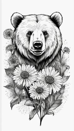 a black and white drawing of a bear surrounded by flowers