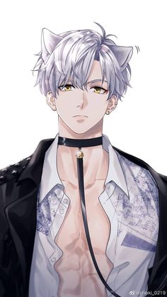 an anime character with white hair wearing a black jacket and silver collared shirt, looking at the camera