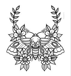 a black and white drawing of a moth with flowers