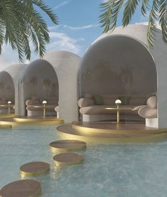 an artistic rendering of a swimming pool with couches and lamps