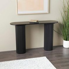 a black console table in front of a white rug with a potted plant next to it