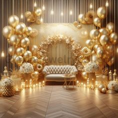 a room decorated with gold balloons, candles and a couch in front of the wall