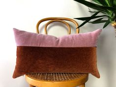 a brown and pink pillow sitting on top of a wooden chair next to a potted plant