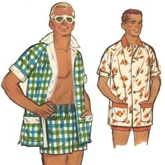 "Be the coolest person on the beach with this men's shirt and shorts swim set. The diagonal seams of the raglan sleeves add a sporty touch to this shirt, and add ease of movement, perfect for those with broader shoulders, but flattering on all body types. The swim shorts feature a button-flap pocket at the right front and the waist band has both elastic and a drawstring for the perfect fit that feels comfortable and secure. Contrasting fabric on the pocket bands and collar are perfect for a pop Vintage Men’s Sewing Pattern, 60s Men, 1950s Patterns, 1950s Sewing Patterns, 1950s Mens, Mens Swim Shorts, Swim Sets, Couture Vintage, Striped Fabrics