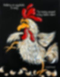 an image of a rooster with the words chicken on it's back and white feathers