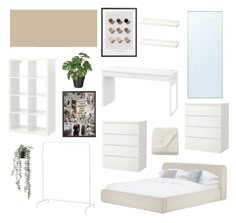 a bedroom design board with white furniture and accessories in neutral tones, including bookshelves, shelves, mirror, plant, potted plants, framed pictures on the wall