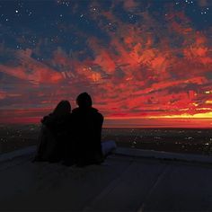 two people are sitting on a roof looking at the sky with stars in the background