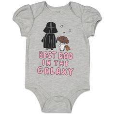 a baby bodysuit that says best dad in the galaxy with a cartoon character on it