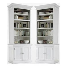 two tall white bookcases with doors open