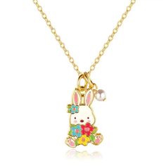 Girl Nation Sweet Petite Necklace - Easter Bunny and Blooms Whimsical Gold Necklaces With Lobster Clasp, Whimsical Charm Necklace For Gifts, Whimsical Charm Necklace For Gift, Whimsical Personalized Gold Necklace, Cute Flower Pendant Jewelry For Gifts, Cute Flower Pendant Jewelry Gift, Whimsical Charms Necklace For Birthday, Whimsical Charm Necklaces For Birthday, Whimsical Charm Necklaces For Birthdays