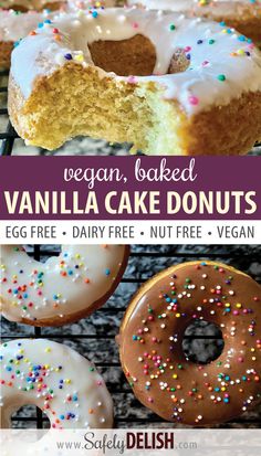 vegan, baked vanilla cake donuts with glaze and sprinkles