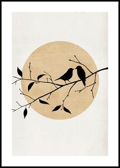 two birds sitting on a branch in front of a full moon