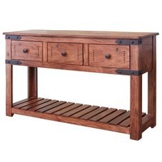 a wooden table with two drawers on one side and an open shelf underneath the other