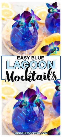 blue lagoon cocktails with lemon slices and purple flowers