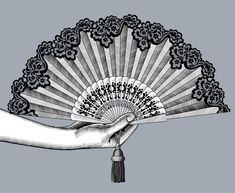 a drawing of a hand holding a fan with black lace on the top and bottom