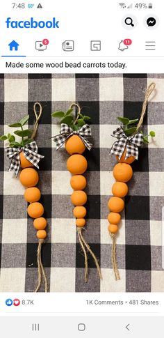 two carrots tied to string on top of a checkered tablecloth with the words thrift cupp crafting with the shabby tree