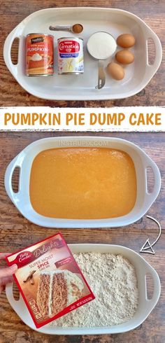 pumpkin pie dump cake recipe with ingredients in separate trays on top and bottom, before and after baking