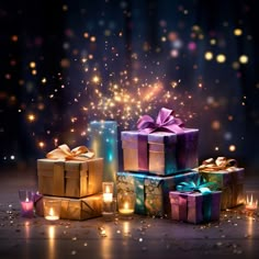 many presents are stacked on top of each other in front of some candles and lights