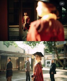 two different shots of people standing in front of a building and one is wearing a hat