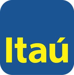 the word itau is written in yellow on a blue square with an orange stripe