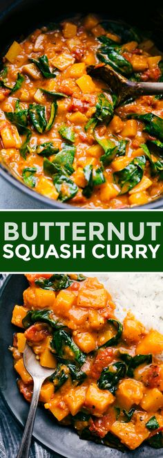 butternut squash curry with spinach in a skillet