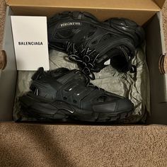 Real Balenciaga Originally $1100 But With Tax $1197, Selling For $950. Worn 5 Times And Still In Great Condition! Original Packaging And Extra Lace. Size 37 Designer Black Sneakers With Medium Fit, Designer Black Sneakers With Regular Fit, Balenciaga Track Sneaker, Bape Jacket, Shoes Balenciaga, Pretty Shoes Sneakers, Balenciaga Track, Balenciaga Shoes, Pretty Shoes