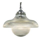 an industrial style light fixture with a glass dome on the top and metal chain hanging from the ceiling