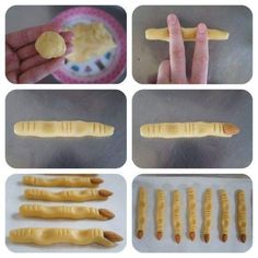 the process of making doll food is shown in four pictures, including fingers and hands