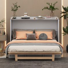 a bed sitting in the middle of a bedroom next to a plant and potted plants