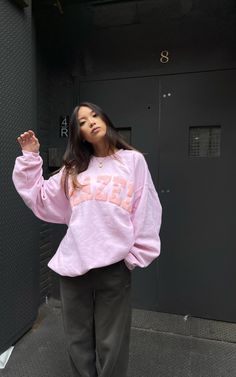 Hazel Exclusive Printed Sweatshirts Comes In Medium, Large, and XL. Any Out Of Stock Items are Due To Restock within 2-3 Weeks, Please Enter Your Email Address to be Notified About Restocks Hazel Sweatshirt, Pink Crewneck Outfit, Saturday Fits, Oversized Crewneck Outfit, Pink Sweatshirt Outfit, Hazel Boutique, Sweat Suits Outfits, Crewneck Outfit, Suits Outfits