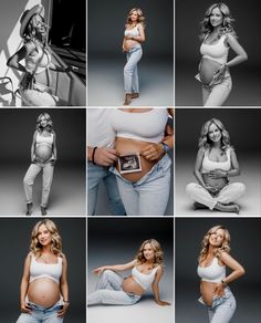 the pregnant woman is posing with her belly exposed