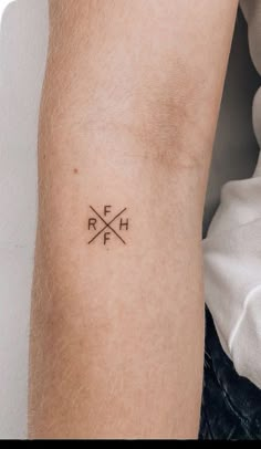 a person with a tattoo on their arm that reads r e h and has an arrow