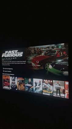 the fast and the furious movie poster is displayed in front of a black background with images of cars