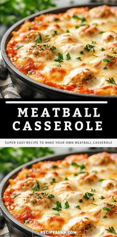 two pans filled with meatball casserole and garnished with parsley