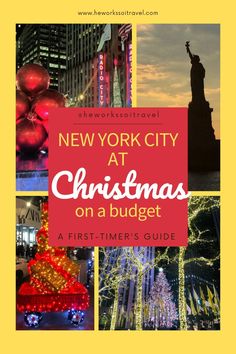 the new york city at christmas on a budget, with text overlaying it