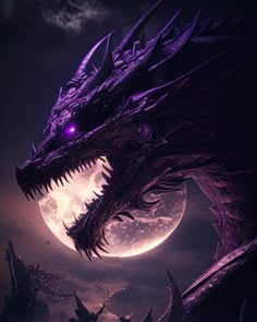 a purple dragon is in front of a full moon