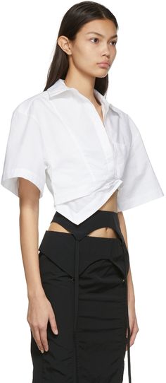 Short sleeve cotton poplin shirt in white. · Asymmetric construction · Patch pocket at chest · Zip fastening at armscye and side-seam Supplier color: White Designer Tops For Women, Cotton Poplin Shirt, Designer Tops, Poplin Shirt, Tops For Women, Luxury Streetwear, Cotton Poplin, Sleeve Cotton, Short Tops