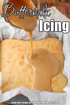 buttered icing being poured onto a loaf of bread