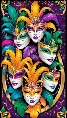 three colorful masks with feathers on them