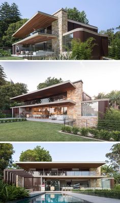 three different views of a modern house from the outside, with pool in front and inside