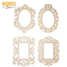 four wooden frames with ornate designs on the sides and one is cut out from wood