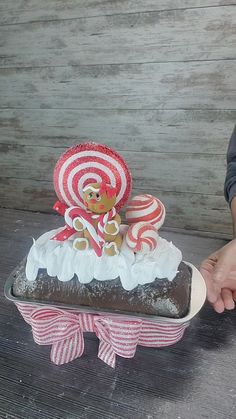 a person holding a cake with candy on it