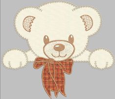 a teddy bear with a bow on it's neck is embroidered onto a gray background