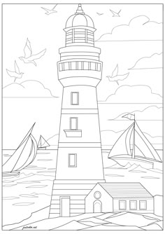 a lighthouse with sailboats on the water in front of it and clouds above it