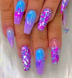 Acrylic Nail Designs For Summer Purple, Glitterbels Acrylic Nails, Long Bright Nails, Bright Purple Acrylic Nails, Fun Bright Nails Summer, Spring Long Acrylic Nails, Bright Purple Nails Design, Summer Long Nail Ideas, Bright Glitter Nails