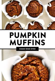 pumpkin muffins in white paper cups with text overlay