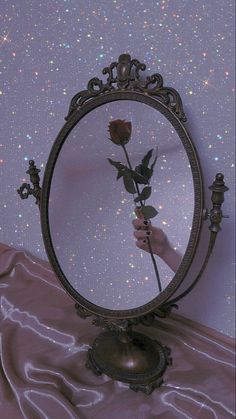 a person holding a rose in front of a mirror with stars on the wall behind it