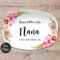 happy mothers day personalized oval platter with flowers and leaves on the side,