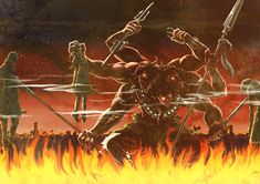 an image of a group of people with swords in front of fire and flames on the ground