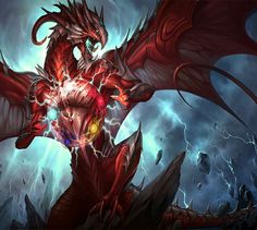 a red dragon with glowing eyes and wings on its back, standing in front of lightning